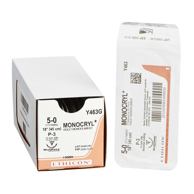Monocryl Poliglecaprone P-3 3/8 Circle Precision Reverse Cutting Needle Size 5-0 Monofilament