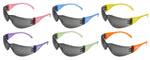 Pedo Wraparound Safety Glasses, 6 Temple Colors (2 each: Blue, Orange, Green, Purple, Yellow & Pink) with Grey Lenses. 12-pack. 3607GB