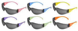Pedo Wraparound Safety Glasses, 6 Temple Colors (2 each: Blue, Orange, Green, Purple, Yellow & Pink) with Grey Lenses. 12-pack. 3607GB