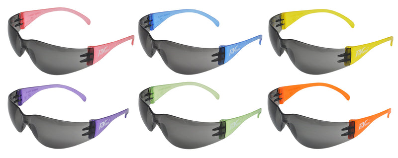Pedo Wraparound Safety Glasses, 6 Temple Colors (2 each: Blue, Orange, Green, Purple, Yellow & Pink) with Grey Lenses. 12-pack. 3607GB