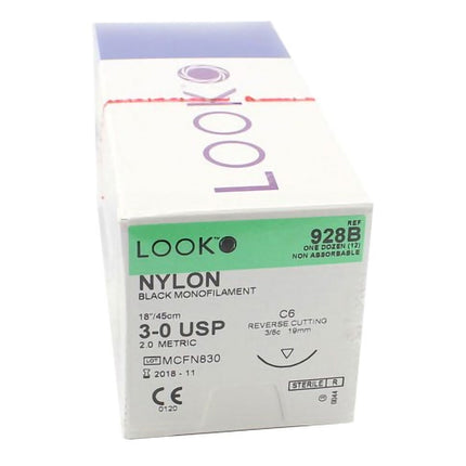 Nonabsorbable Suture with Needle LOOK Nylon C6 3/8 Circle Reverse Cutting Needle Size 3 - 0 Monofilament
