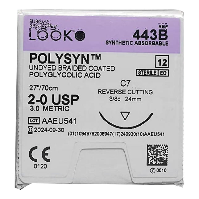 Absorbable Suture with Needle PolySyn Polyglycolic Acid C7 3/8 Circle Reverse Cutting Needle Size 2 - 0 Braided | 443B | Corza Medical | SurgiMac