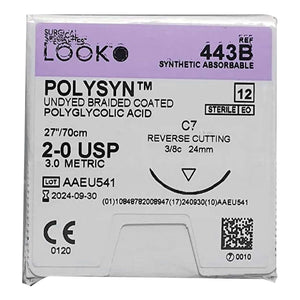 Absorbable Suture with Needle PolySyn Polyglycolic Acid C7 3/8 Circle Reverse Cutting Needle Size 2 - 0 Braided 443B