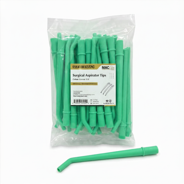 SurgiMac Surgical Aspirating Tips, Green, 1/4" diameter, Molded at 30 degree angle, MacSafe, 25/Box, 50bx/Case