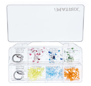 iMatrix™ Clear Sectional Matrix System Intro Kit, 1 x clear green standard ring, 1 x clear yellow narrow ring, 35 x clear yellow small wedges, | SurgiMac Dental Supply