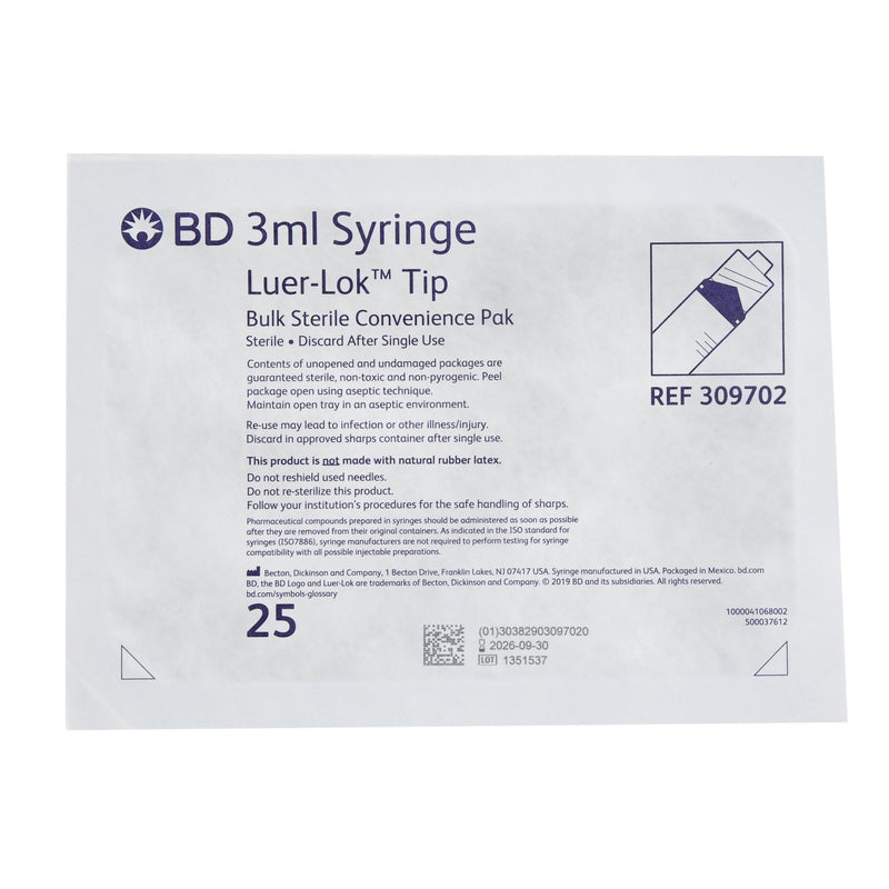 BD Luer Slip Tip Disposable Sterile Syringes Pharmacy Tray - 3 mL Without Safety Feature 309702