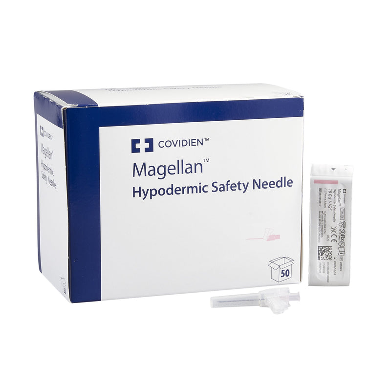 Safety Hypodermic Needle Magellan 1-1/2 Inch Length 18 Gauge Regular Wall Sliding Safety Needle