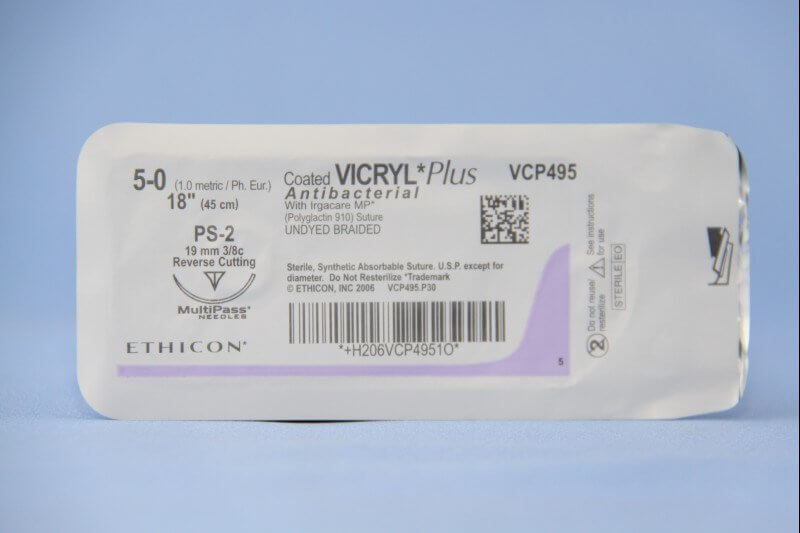 Coated Vicryl™ Plus Polyglactin 910 with Irgacare MP Antibacterial Suture PS-2 3/8 Circle Precision Reverse Cutting Needle Size 5-0 Braided | SurgiMac Dental Supply