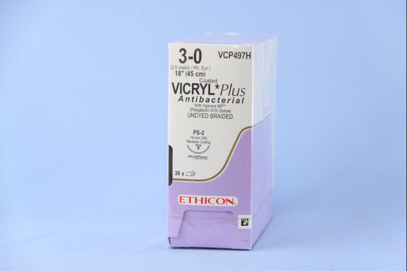 Coated Vicryl™ Plus Polyglactin 910 with Irgacare MP Antibacterial Suture PS-2 3/8 Circle Precision Reverse Cutting Needle Size 3-0 Braided | SurgiMac Dental Supply