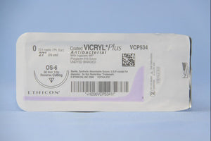 Coated Vicryl™ Plus Polyglactin 910 with Irgacare MP Antibacterial Suture OS-6 1/2 Circle Reverse Cutting Needle Size 0 Braided | SurgiMac Dental Supply