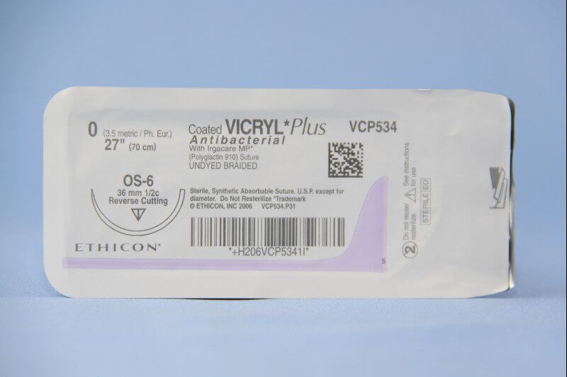 Coated Vicryl™ Plus Polyglactin 910 with Irgacare MP Antibacterial Suture OS-6 1/2 Circle Reverse Cutting Needle Size 0 Braided | SurgiMac Dental Supply