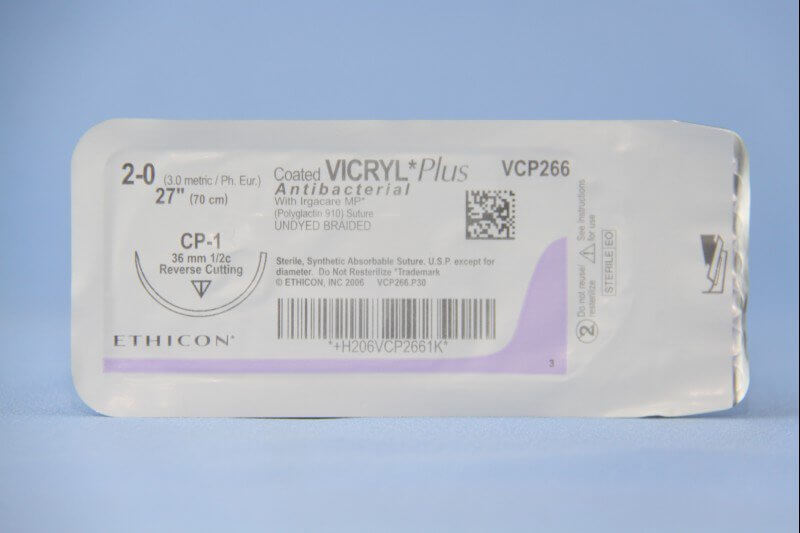 Coated Vicryl™ Plus Polyglactin 910 with Irgacare MP Antibacterial Suture CP-1 1/2 Circle Reverse Cutting Needle Size 2-0 Braided | SurgiMac Dental Supply