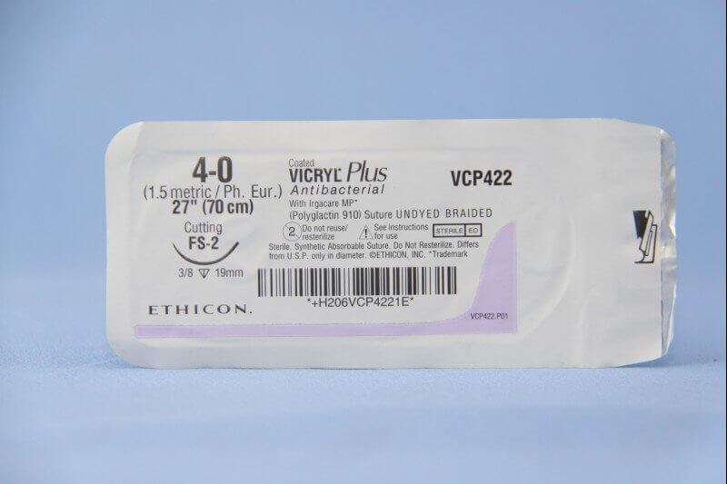 Coated Vicryl™ Plus Polyglactin 910 with Irgacare MP Antibacterial Suture FS-2 3/8 Circle Reverse Cutting Needle Size 4-0 Braided | SurgiMac Dental Supply