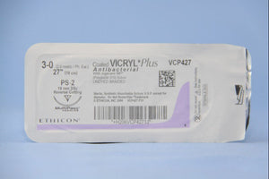 Coated Vicryl™ Plus Polyglactin 910 with Irgacare MP Antibacterial Suture PS-2 3/8 Circle Precision Reverse Cutting Needle Size 3-0 Braided | SurgiMac Dental Supply