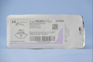 Coated Vicryl™ Plus Polyglactin 910 with Irgacare MP Antibacterial Suture FS-1 3/8 Circle Reverse Cutting Needle Size 3-0 Braided | SurgiMac Dental Supply