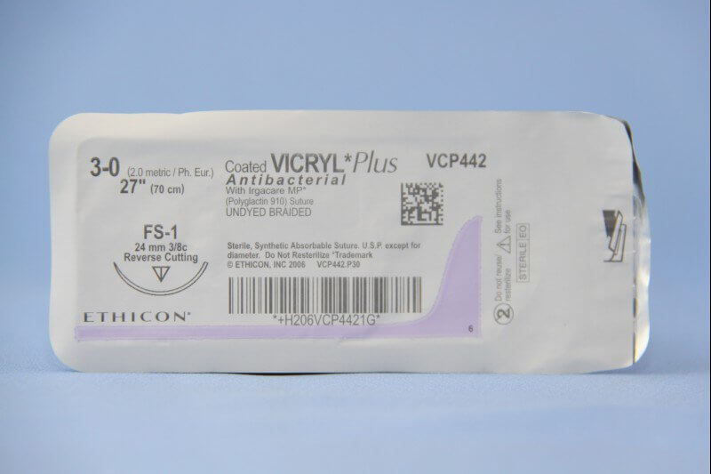 Coated Vicryl™ Plus Polyglactin 910 with Irgacare MP Antibacterial Suture FS-1 3/8 Circle Reverse Cutting Needle Size 3-0 Braided | SurgiMac Dental Supply