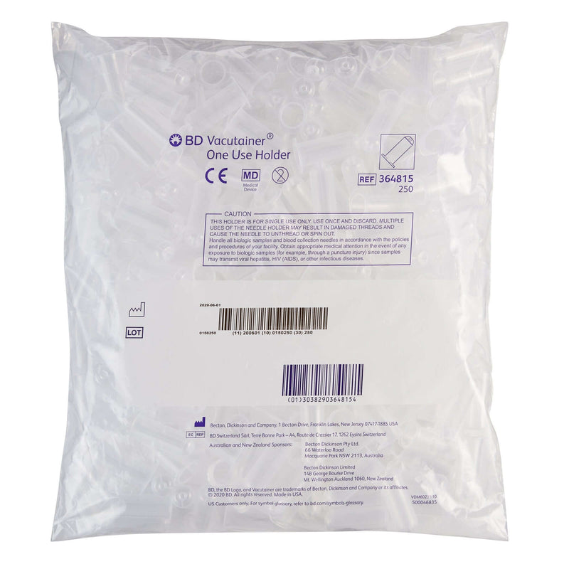 BD Vacutainer Tube Holder for 13mm & 16mm Tubes, Clear, Standard Size, Single Use, 250 Pack 364815-BX