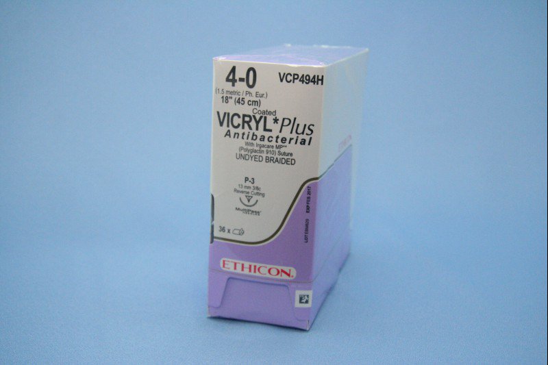Coated Vicryl™ Plus Polyglactin 910 with Irgacare MP Antibacterial Suture P-3 3/8 Circle Precision Reverse Cutting Needle Size 4-0 Braided | SurgiMac Dental Supply