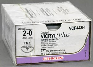 Coated Vicryl™ Plus Polyglactin 910 with Irgacare MP Antibacterial Suture FS-1 3/8 Circle Reverse Cutting Needle Size 2-0 Braided | SurgiMac Dental Supply