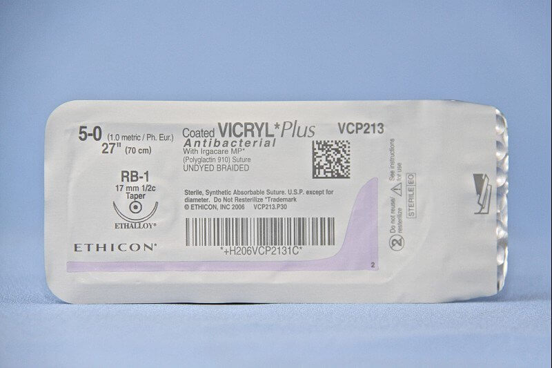 Coated Vicryl™ Plus Polyglactin 910 with Irgacare MP Antibacterial Suture RB-1 1/2 Circle Taper Point Needle Size 5-0 Braided | SurgiMac Dental Supply