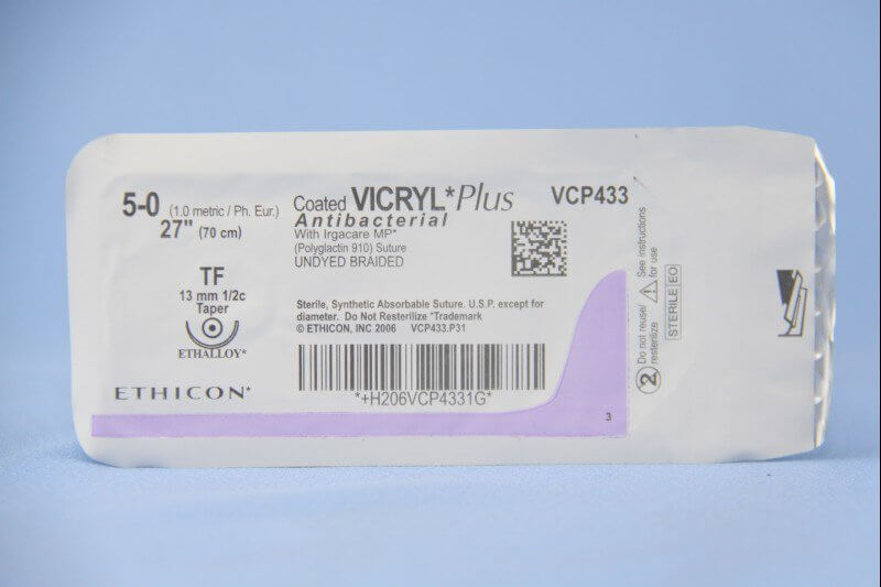 Coated Vicryl™ Plus Polyglactin 910 with Irgacare MP Antibacterial Suture TF 1/2 Circle Taper Point Needle Size 5-0 Braided | SurgiMac Dental Supply