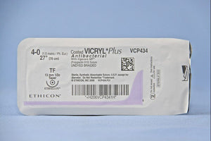 Coated Vicryl™ Plus Polyglactin 910 with Irgacare MP Antibacterial Suture TF 1/2 Circle Taper Point Needle Size 4-0 Braided | SurgiMac Dental Supply