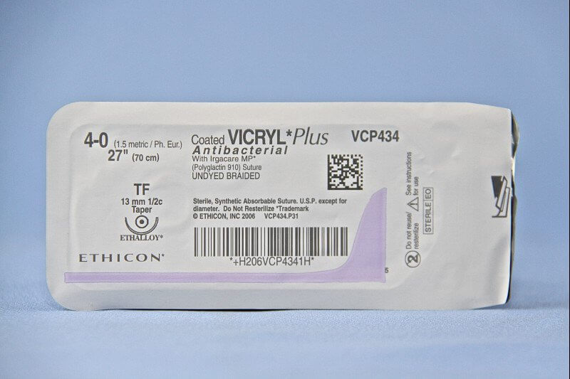 Coated Vicryl™ Plus Polyglactin 910 with Irgacare MP Antibacterial Suture TF 1/2 Circle Taper Point Needle Size 4-0 Braided | SurgiMac Dental Supply