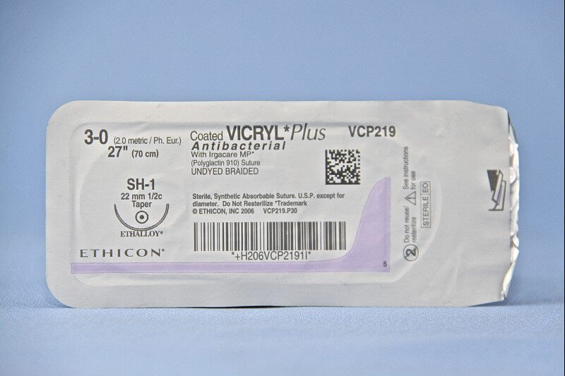 Coated Vicryl™ Plus Polyglactin 910 with Irgacare MP Antibacterial Suture SH-1 1/2 Circle Taper Point Needle Size 3-0 Braided | SurgiMac Dental Supply