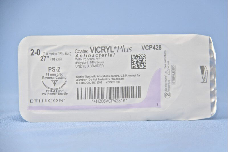 Coated Vicryl™ Plus Polyglactin 910 with Irgacare MP Antibacterial Suture PS-2 3/8 Circle Precision Reverse Cutting Needle Size 2-0 Braided | SurgiMac Dental Supply