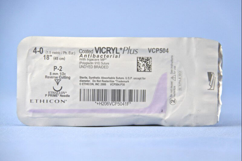 Coated Vicryl™ Plus Polyglactin 910 with Irgacare MP Antibacterial Suture P-2 1/2 Circle Precision Reverse Cutting Needle Size 4-0 Braided | SurgiMac Dental Supply