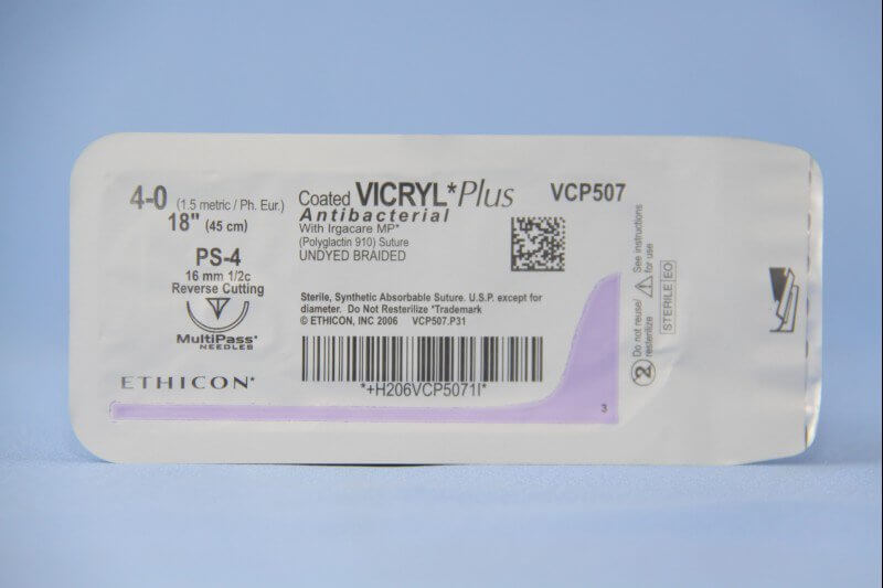 Coated Vicryl™ Plus Polyglactin 910 with Irgacare MP Antibacterial Suture PS-4 1/2 Circle Reverse Cutting Needle Size 4-0 Braided | SurgiMac Dental Supply