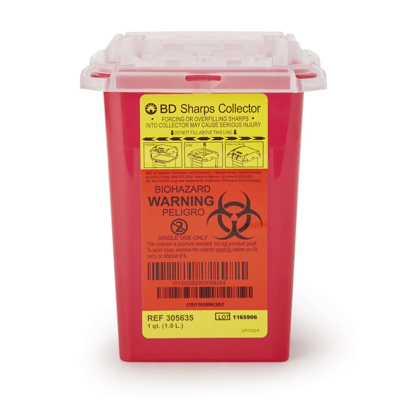BD Sharps Container with Red Base and Vertical Entry - Locking Lid for Safe Needle Disposal 305487