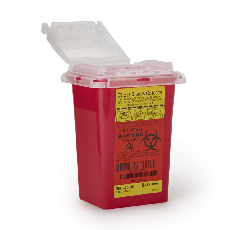 BD Sharps Container with Red Base and Vertical Entry - Locking Lid for Safe Needle Disposal 305635