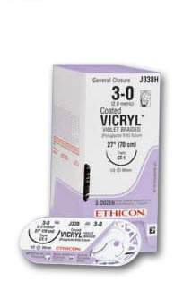 Coated Vicryl™ Plus Polyglactin 910 with Irgacare MP Antibacterial Suture PS-1 3/8 Circle Reverse Cutting Needle Size 3-0 Braided | SurgiMac Dental Supply