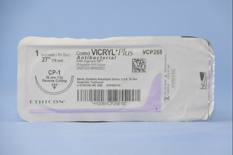 Coated Vicryl™ Plus Polyglactin 910 with Irgacare MP Antibacterial Suture CP-1 1/2 Circle Reverse Cutting Needle Size 1 Braided | SurgiMac Dental Supply