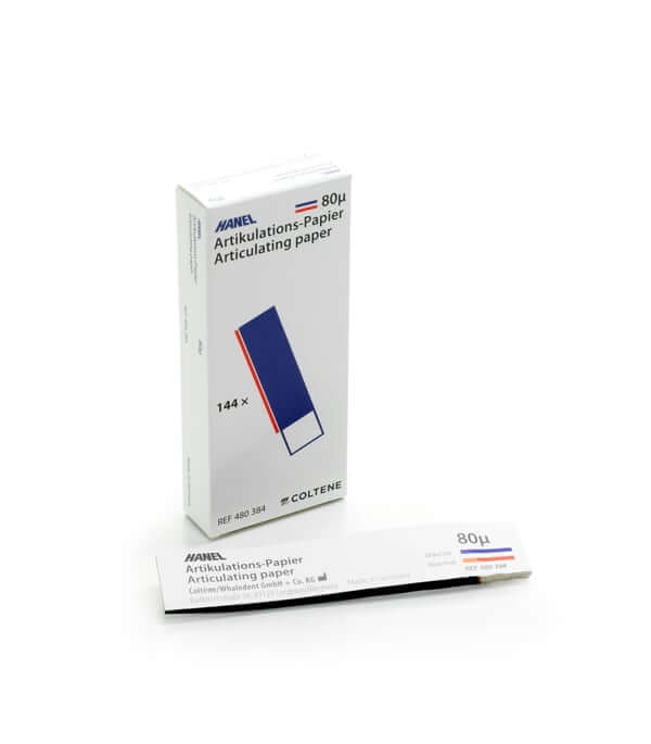 Hanel Articulating Paper 80µ I-Shape strips Blue-Red, 144 pcs | SurgiMac Dental Supply