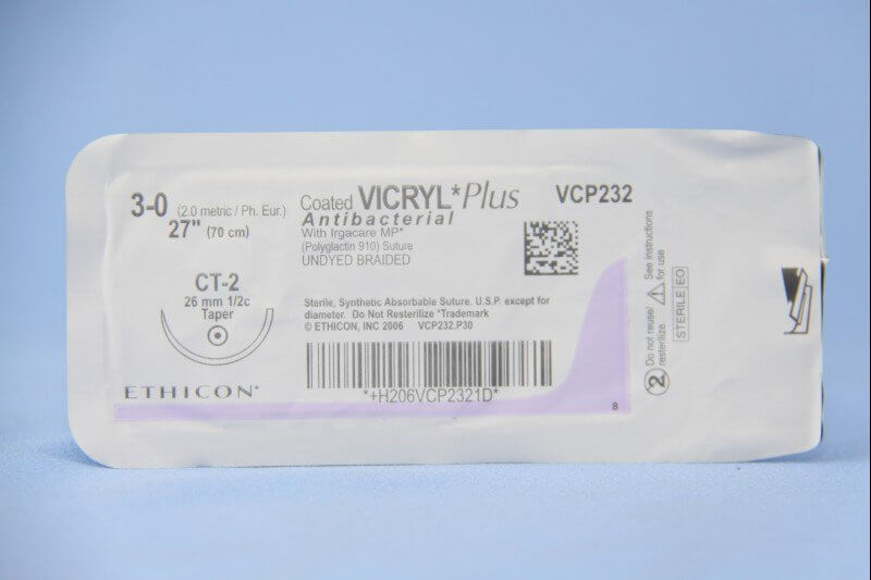 Coated Vicryl™ Plus Polyglactin 910 with Irgacare MP Antibacterial Suture CT-2 1/2 Circle Taper Point Needle Size 3-0 Braided | SurgiMac Dental Supply