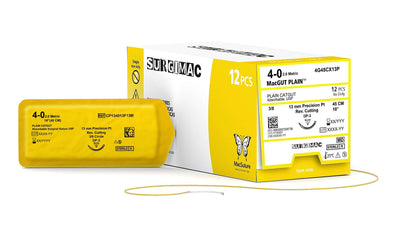 SurgiMac 4-0, 13" Absorbable Plain Catgut Suture, 13mm C-3 Precision Point Reverse-Cutting Needle (3/8 Circle), MacSuture, 12/Pk