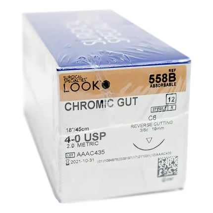 Absorbable Suture with Needle LOOK Chromic Gut C6 3/8 Circle Reverse Cutting Needle Size 4 - 0