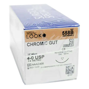 Absorbable Suture with Needle LOOK Chromic Gut C6 3/8 Circle Reverse Cutting Needle Size 4 - 0 558B