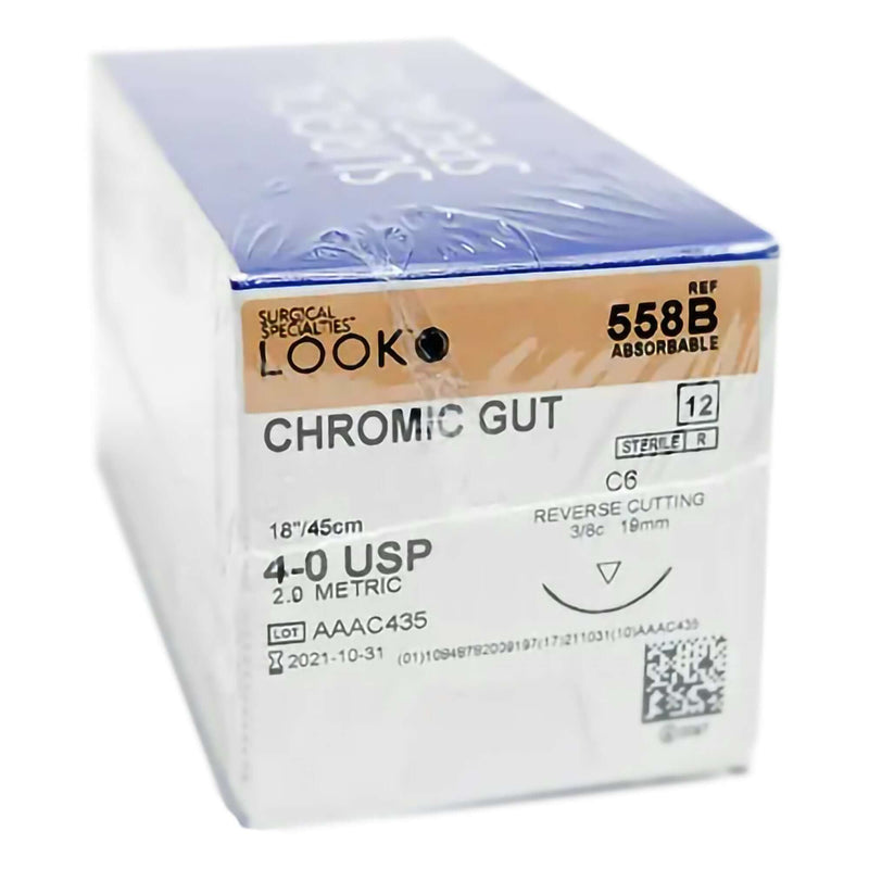 Absorbable Suture with Needle LOOK Chromic Gut C6 3/8 Circle Reverse Cutting Needle Size 4 - 0 558B