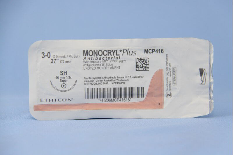 Monocryl™ Plus Poliglecaprone 25 with Irgacare MP Antibacterial Suture SH 1/2 Circle Taper Point Needle Size 3-0 Monofilament | SurgiMac Dental Supply