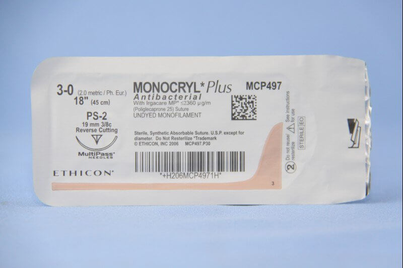 Monocryl™ Plus Poliglecaprone 25 with Irgacare MP Antibacterial Suture PS-2 3/8 Circle Precision Reverse Cutting Needle Size 3-0 Monofilament | SurgiMac Dental Supply