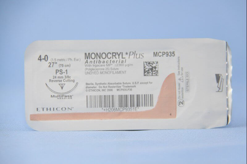 Monocryl™ Plus Poliglecaprone 25 with Irgacare MP Antibacterial Suture PS-1 3/8 Circle Reverse Cutting Needle Size 4-0 Monofilament | SurgiMac Dental Supply