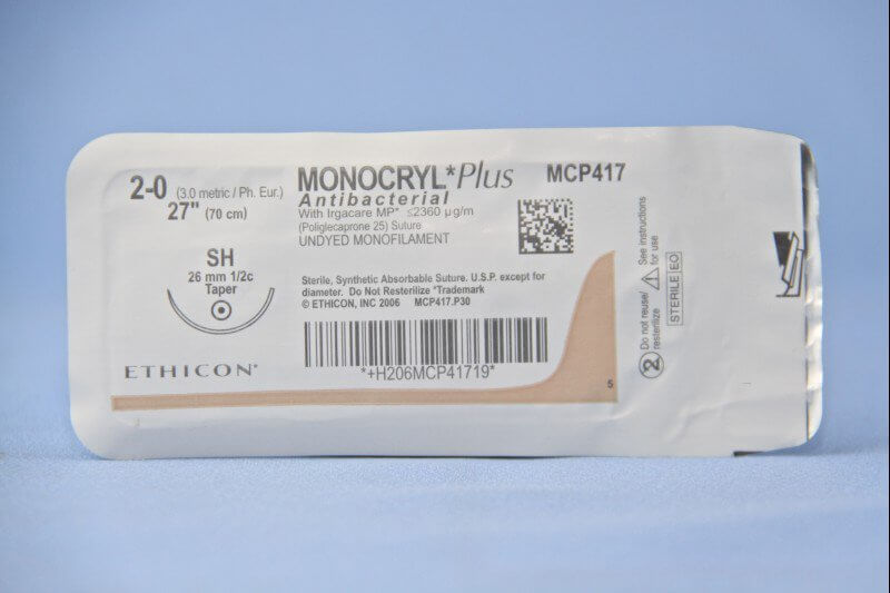Monocryl™ Plus Poliglecaprone 25 with Irgacare MP Antibacterial Suture SH 1/2 Circle Taper Point Needle Size 2-0 Monofilament | SurgiMac Dental Supply