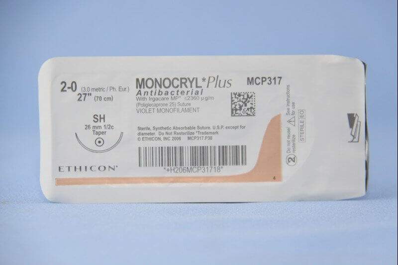 Monocryl™ Plus Poliglecaprone 25 with Irgacare MP Antibacterial Suture SH 1/2 Circle Taper Point Needle Size 2-0 Monofilament | SurgiMac Dental Supply