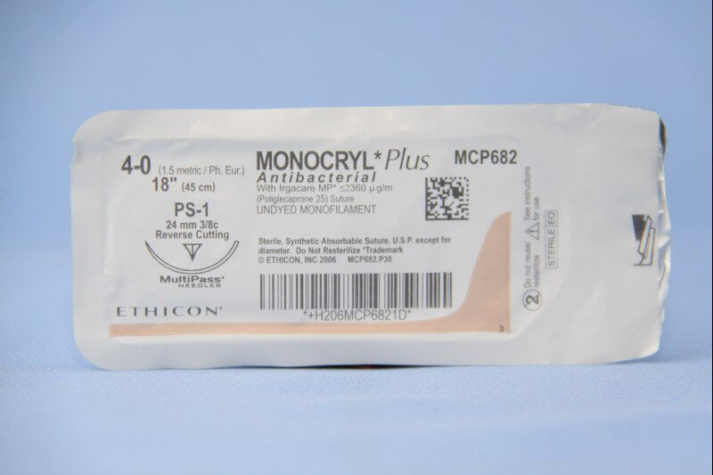 Monocryl™ Plus Poliglecaprone 25 with Irgacare MP Antibacterial Suture PS-1 3/8 Circle Reverse Cutting Needle Size 4-0 Monofilament | SurgiMac Dental Supply