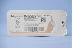 Monocryl™ Plus Poliglecaprone 25 with Irgacare MP Antibacterial Suture RB-1 1/2 Circle Taper Point Needle Size 4-0 Monofilament | SurgiMac Dental Supply