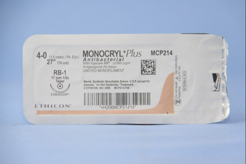 Monocryl™ Plus Poliglecaprone 25 with Irgacare MP Antibacterial Suture RB-1 1/2 Circle Taper Point Needle Size 4-0 Monofilament | SurgiMac Dental Supply
