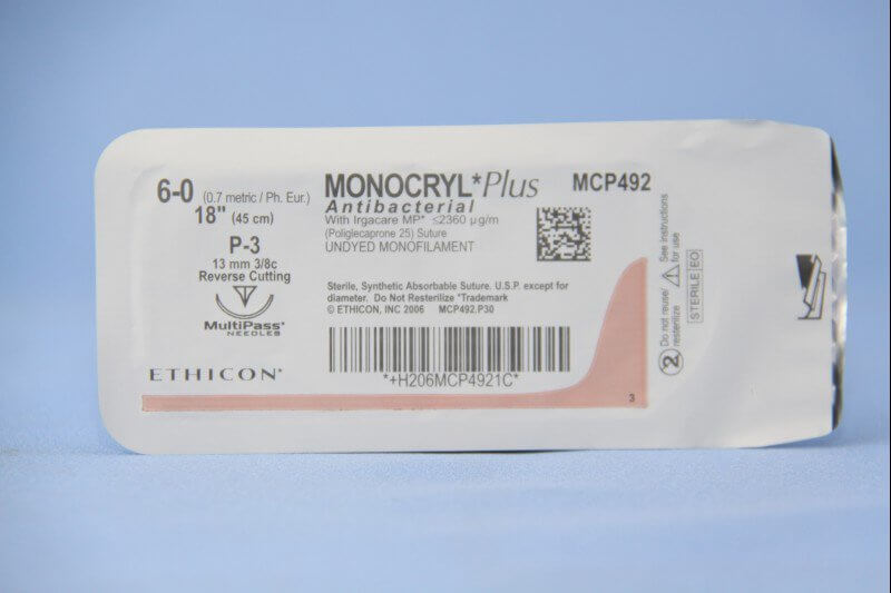 Monocryl™ Plus Poliglecaprone 25 with Irgacare MP Antibacterial Suture P-3 3/8 Circle Precision Reverse Cutting Needle Size 6-0 Monofilament | SurgiMac Dental Supply